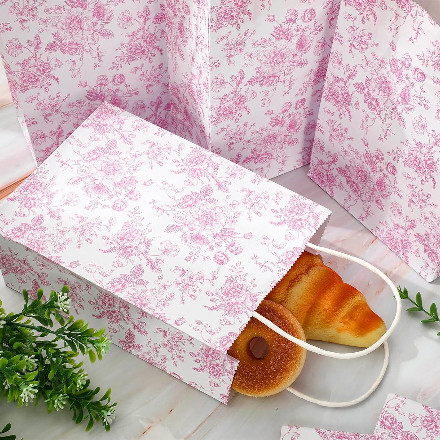 JarThenaAMCS 52Pcs Pink Floral Paper Gift Bag Vintage Wildflower Treat Bags with Handles Chinoiserie Candy Goodie Bags for Spring Summer Birthday Wedding Bridal Shower Party Favors Supplies