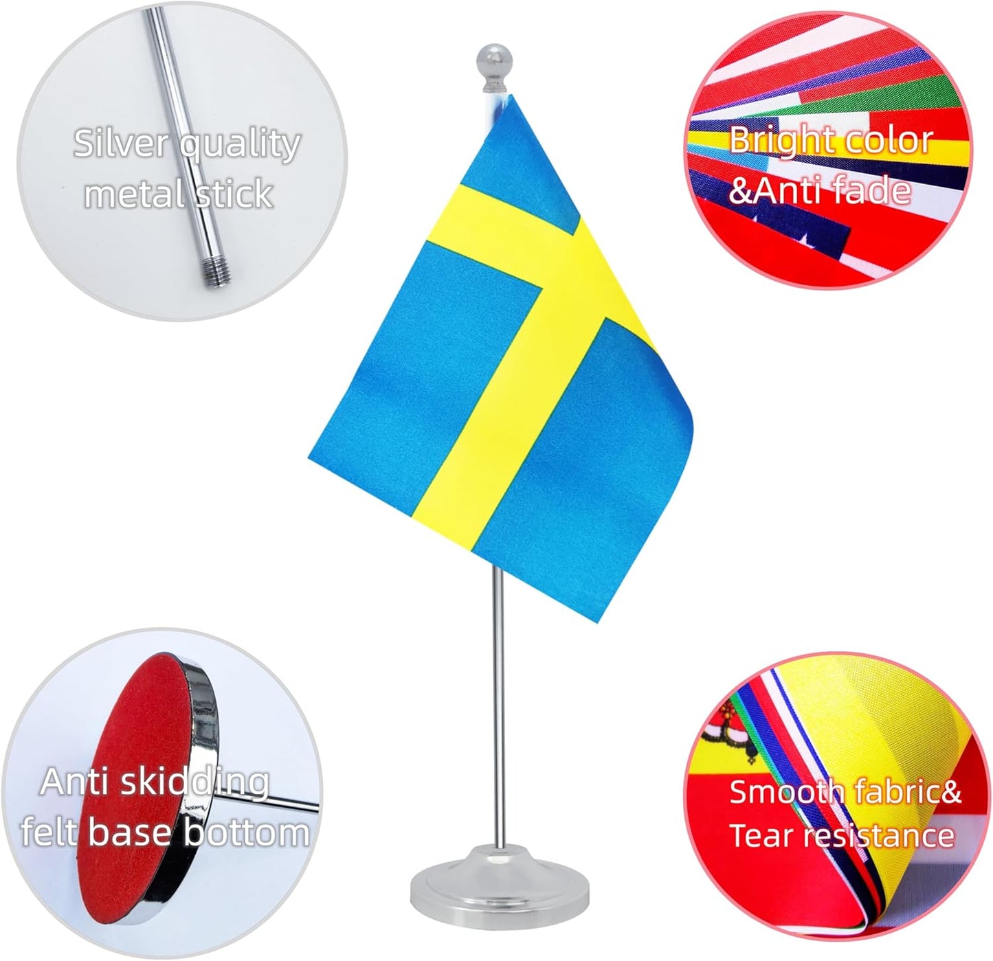Sweden Desk Flag, Swedish Table Office Flag with Metal Pole and Stand Base, International Country Flags, Festival Event Celebration, Classroom Meeting Desktop Decor (Sweden)