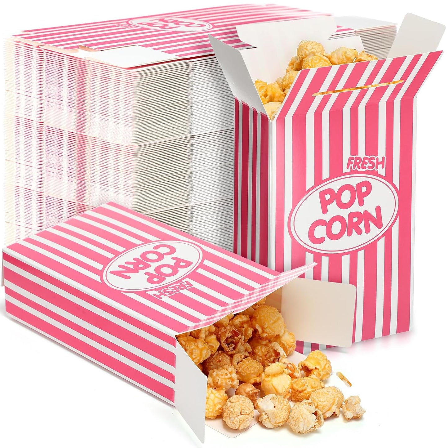 Xinnun 200 Pcs Paper Popcorn Boxes 1 oz Close Top Oil Proof Disposable Popcorn Container 6 x 4 x 2 Inch Stripes Leak Proof Popcorn Boxes for Party Movie Party Theater Night Birthday (Pink)