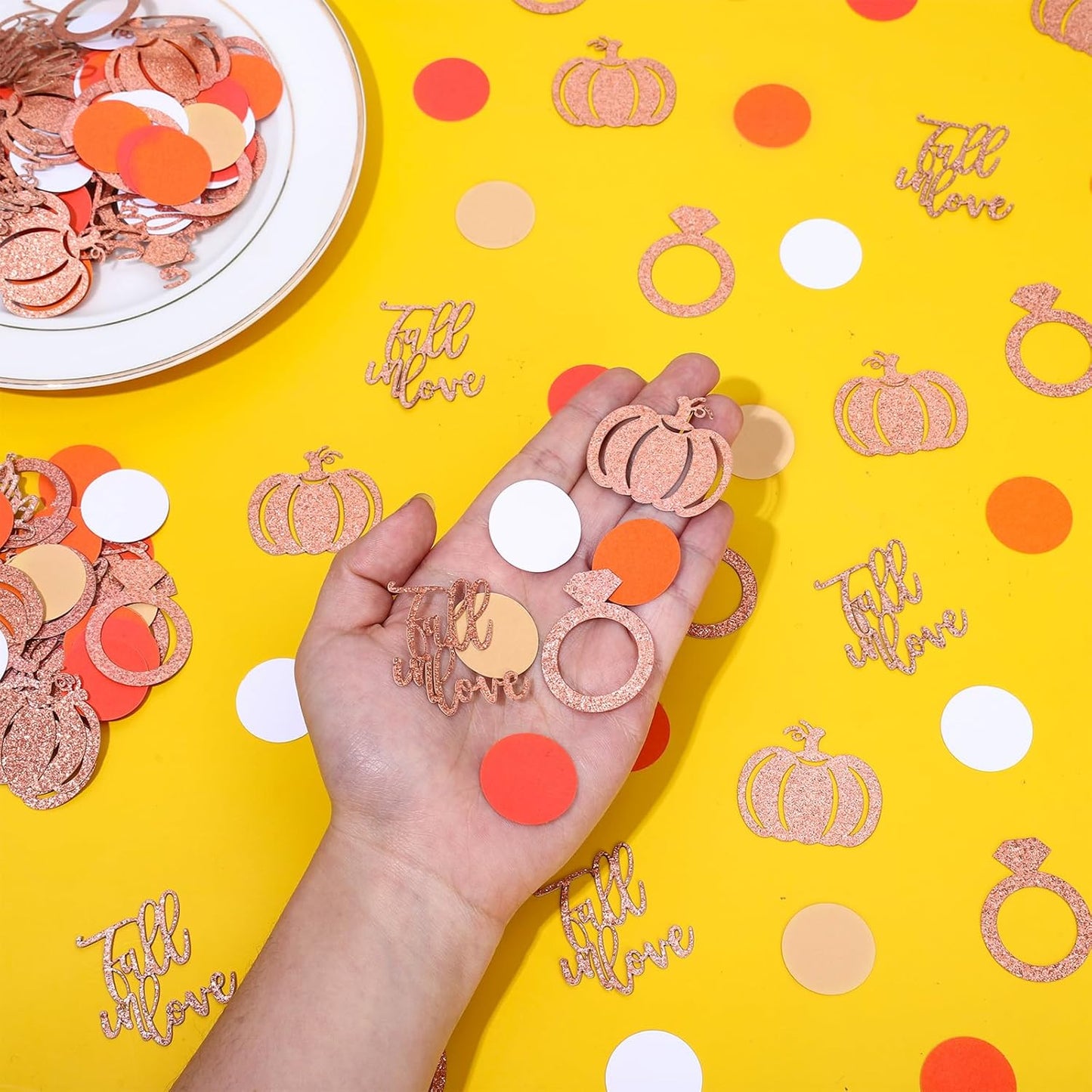 Whaline 280Pcs Fall Wedding Confetti Glitter Fall in Love Ring Pumpkin Paper Confetti Pink Orange Table Decorations for Autumn Wedding Baby Shower Birthday Party