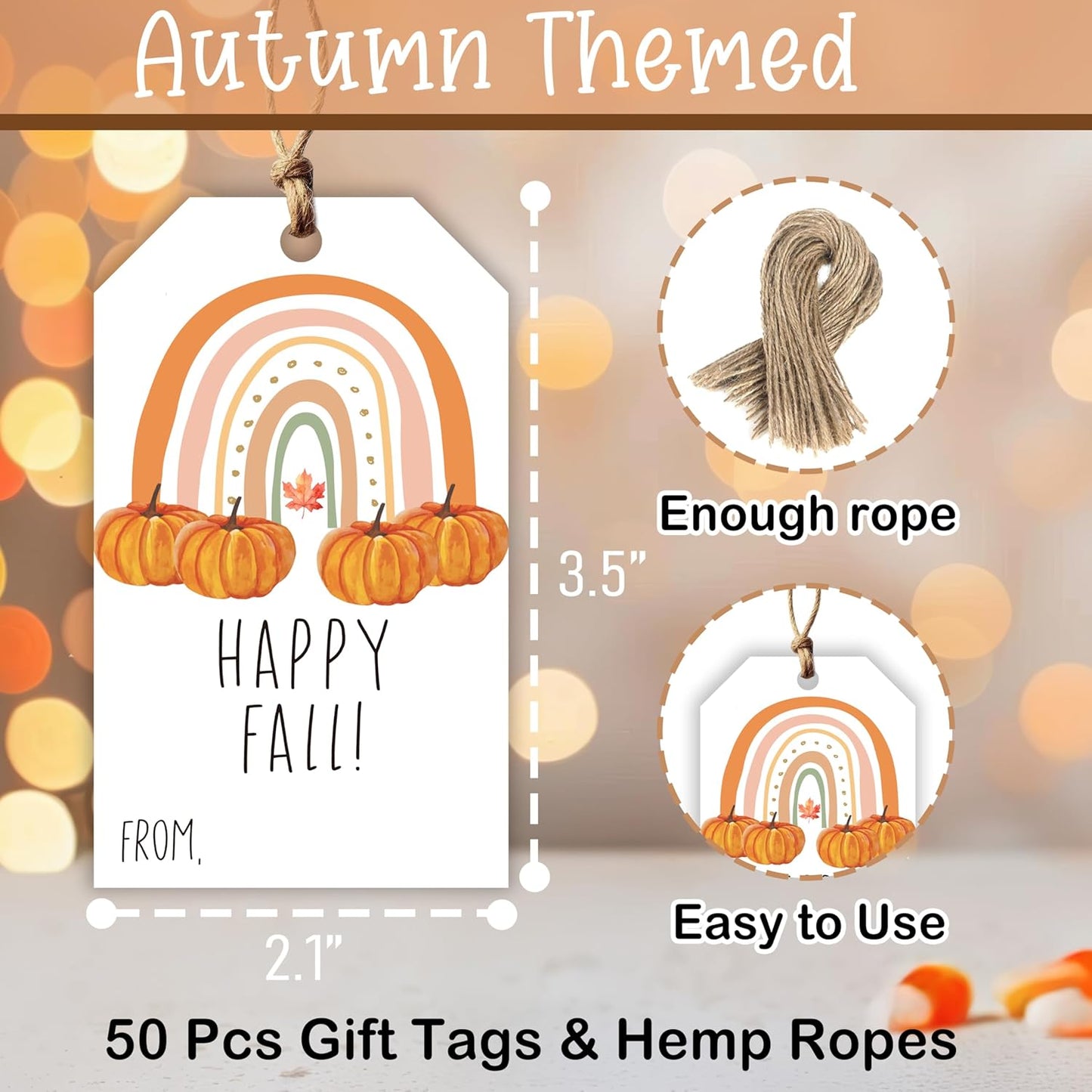 50 Pcs Fall Gift Tags, 2.1"×3.5" Autumn Bohemian Rainbow Thank You Gift Tags for Party Favors, Pumpkin Thanksgiving Gifts Tags for Party Favor - B11