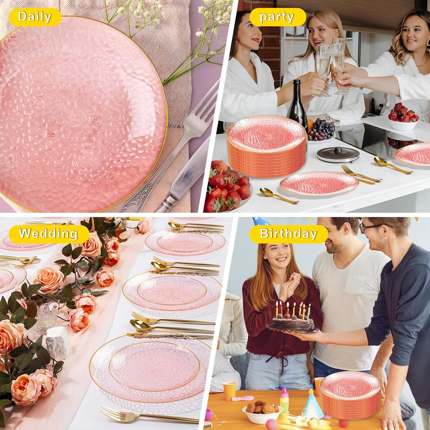 Rubtlamp 100 Pcs Pink And Gold Plastic Plates - 10 inch Clear Pink Gold Dinner Plates - Hammer Pattern Design - Fancy Disposable Plates - Heavy-Duty Party Plates Ideal for Mother's Day