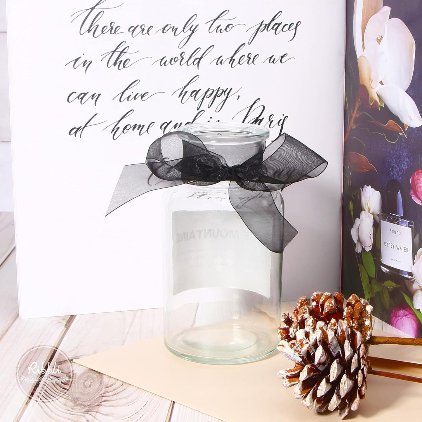 Ribbli Black Sheer Organza Ribbon,1-1/2 Inches x Continuous 50 Yard Use for Gift Wrapping,Bouquet Wrapping,Wedding Decoration,All Crafting and Sewing