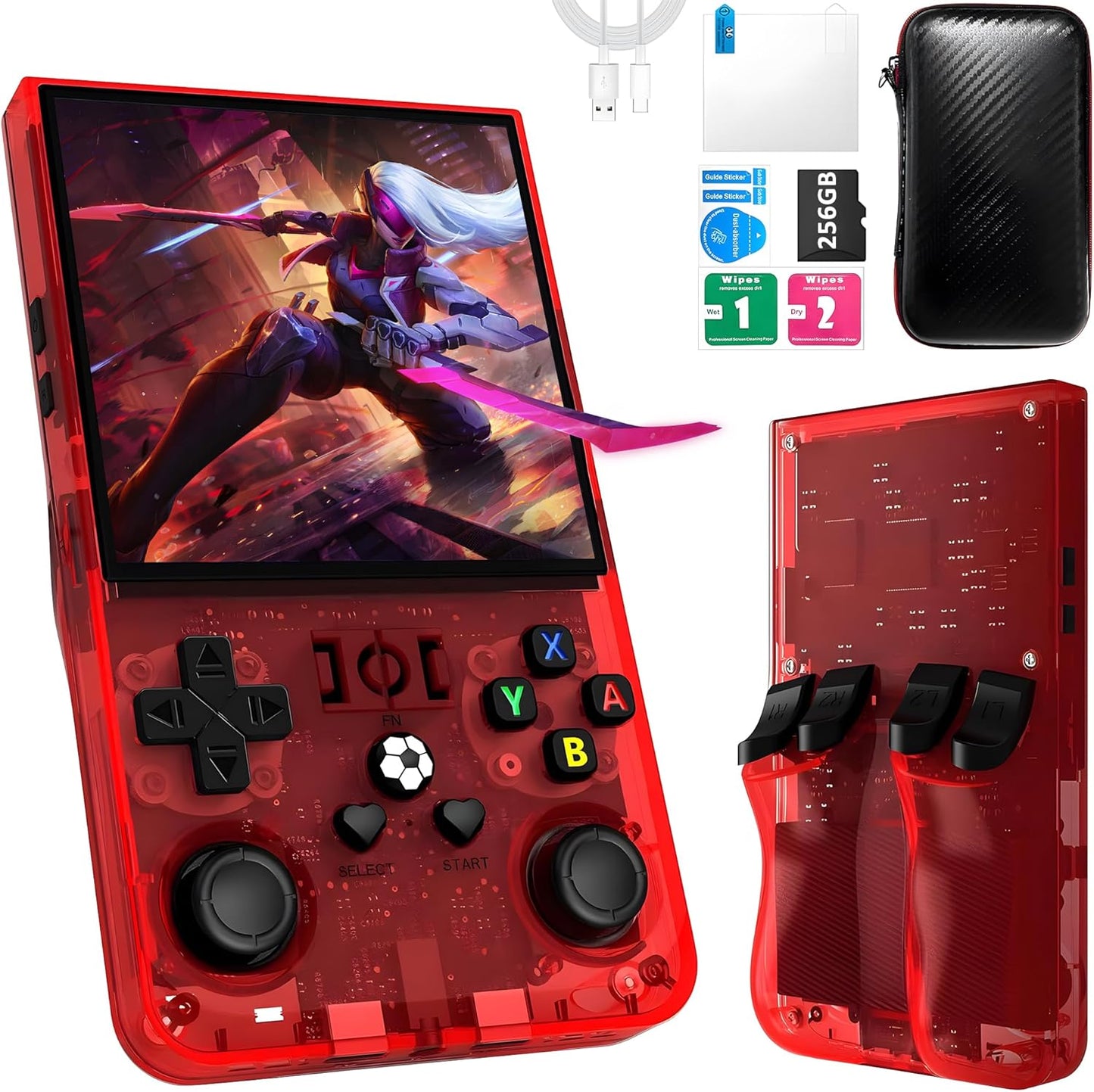R36MAX Handheld Game Console, 40000+ Games Retro Gaming Console, 256GB TF Card Mini Retro Video Console, 4000mAh Rechargeable 4.0" IPS HD Screen Portable Pocket Arcade (Transparent Red)