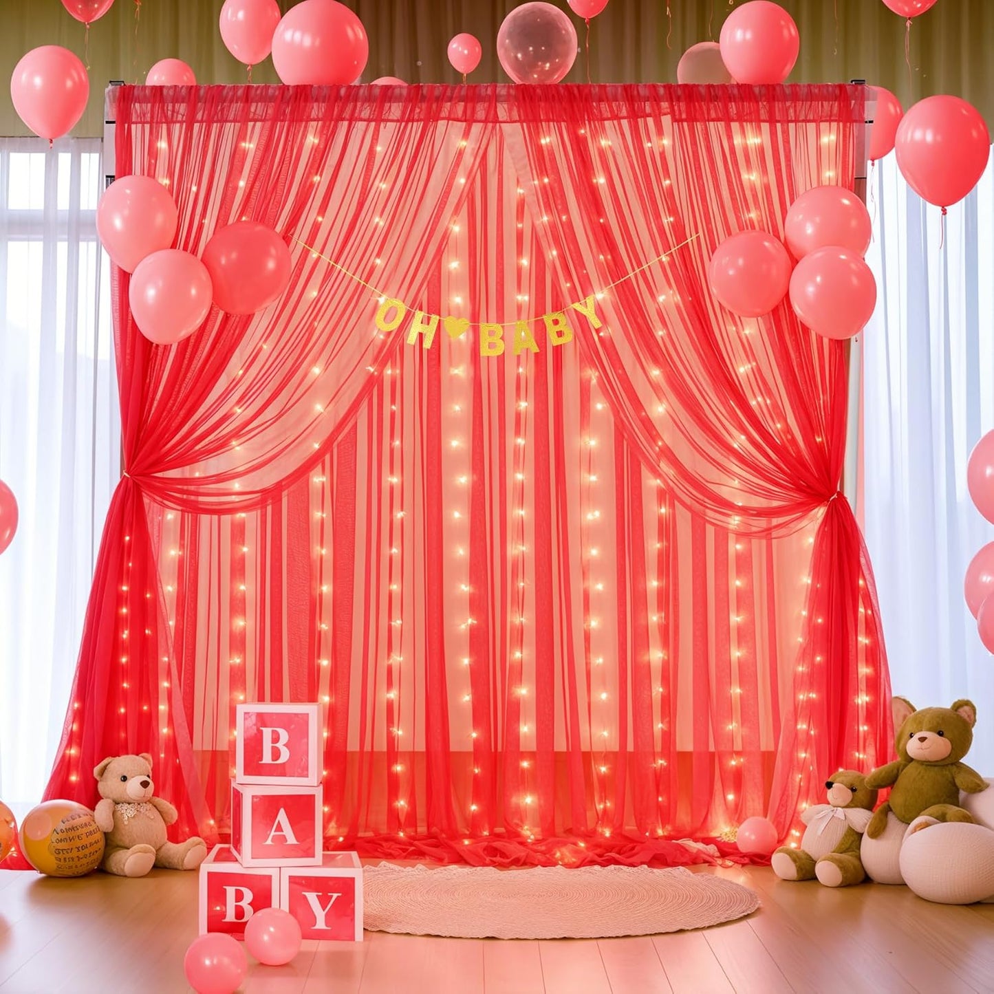 Suppromo Red Tulle Backdrop Curtain with Lights String for Parites 30x10ft Sheer Backdrop Curtains for Birthday Party Baby Shower Christmas Wall Photo Booth Background Decorations(6 Panels 5ft×10ft)