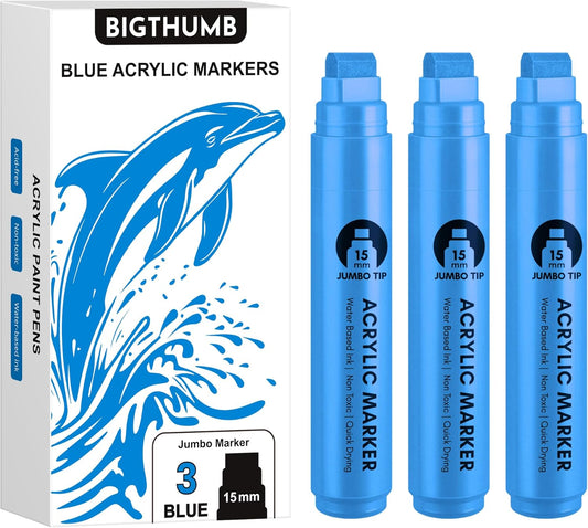 3 Pcs Blue Jumbo Permanent Markers: 15mm Wide Tip Thick Acrylic Paint Pen Large Calligraphy Marker for Rock Painting, Poster, Sign, Canvas, Glass, Wood, Ceramic
