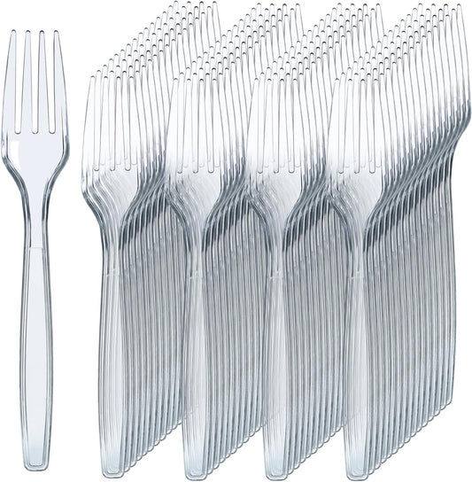 Prestee 300 Count Disposable Plastic Forks - Plastic Silverware Bulk Set - Heavy Duty Plasticware Forks - Clear Utensils for Catering Weddings Parties BBQ - Elegant and Sturdy Tableware