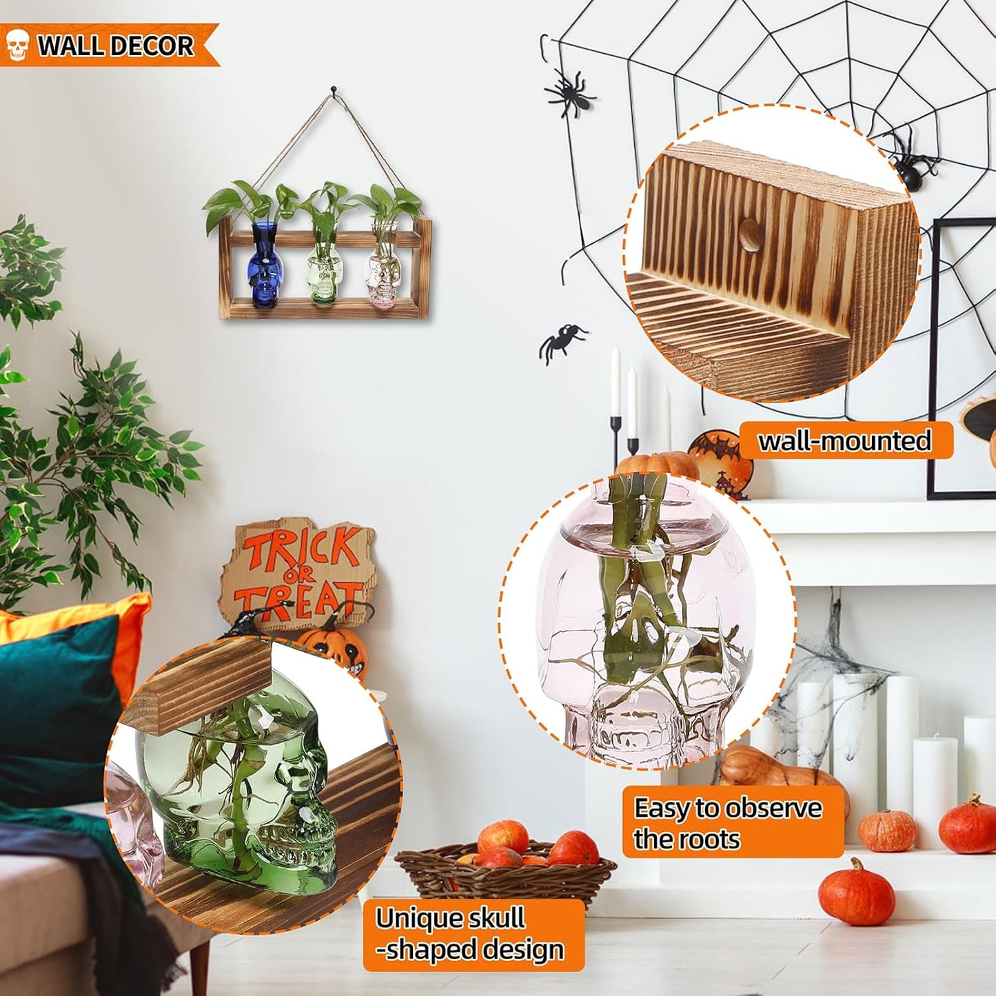 Plant Terrarium Propagation Stations Hydroponics Halloween Skull Planter Vase Skulls Decor with Wooden Stand Gift for Father