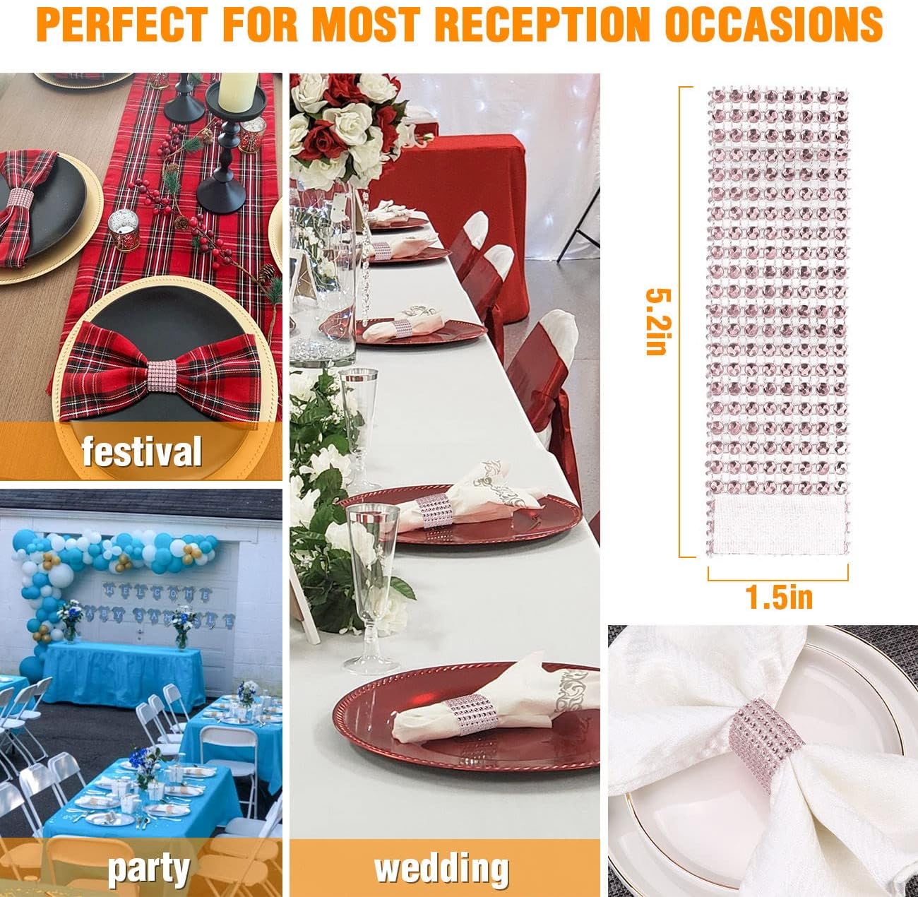 Pink Napkin Rings for Wedding Set of 150pcs,Rhinestone Diamond Crystal Napkin Rings Bulk for Wedding Reception, Dinner, Place Settings, Holiday Parties or DIY Decoration (150,Light Pink)