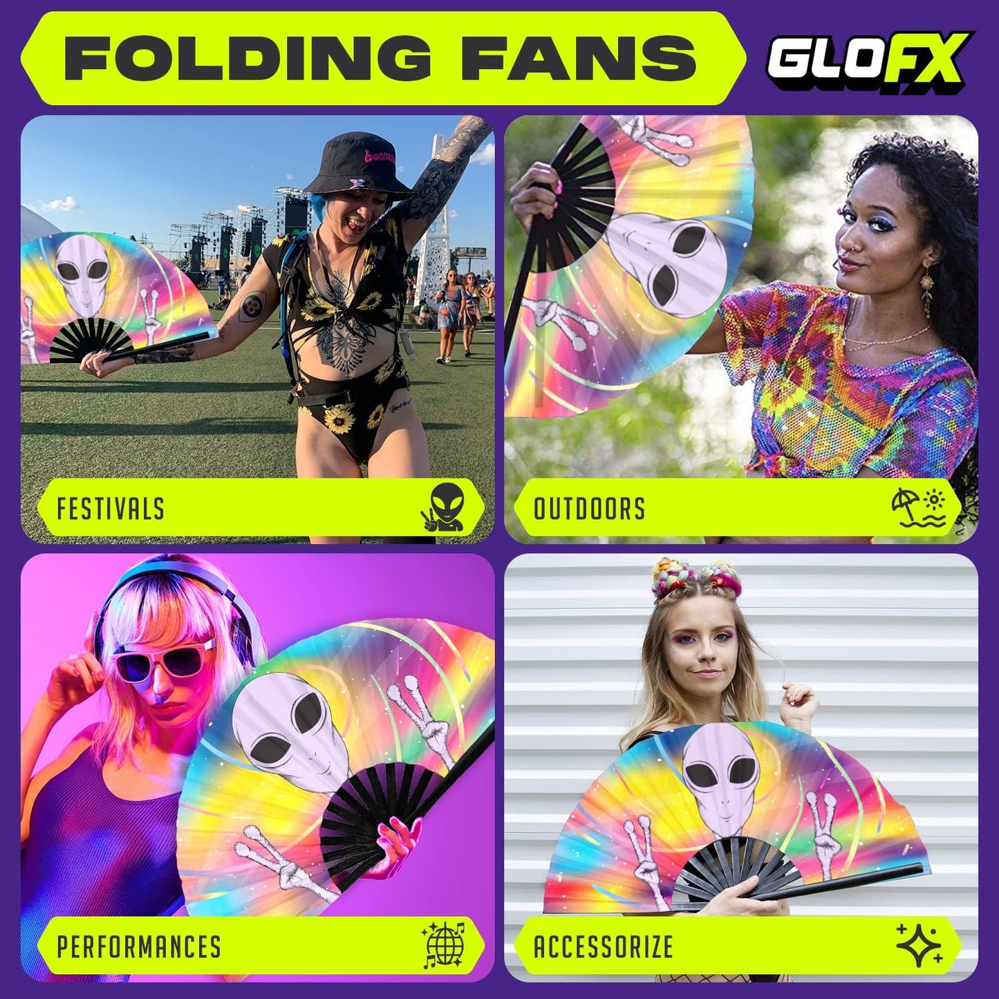 GloFX Rave Fan - Rainbow Alien - Large Folding Fan - Festival Gear for Music Festival Outfits, Rave Enthusiasts, and Cosmic Vibes