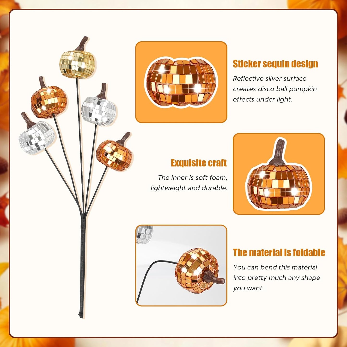 20Pcs Disco Halloween Decor, Disco Pumpkin Table Decoration, 14 Inch Artificial Glitter Mirror Pumpkin Sticks Ornament Halloween Thanksgiving Branches for Table Centerpiece Party Decor