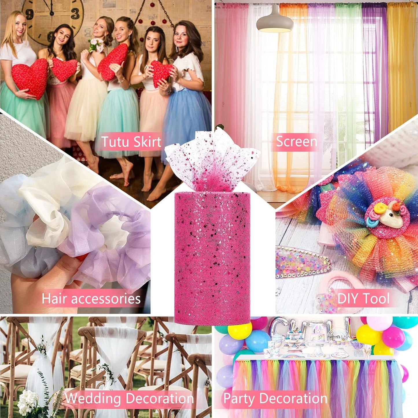 Glitter Tulle Rolls, 6” by 50 Yards (150FT) Sparkling Tulle Spool Ribbon Sequin Tulle Netting Fabric for Tutu Skirt Wedding Birthday Baby Shower (Rose Red)