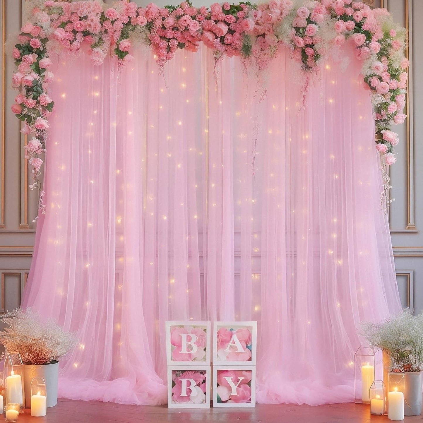 10×10ft Pink Tulle Backdrop Curtain with Lights String for Parties, Sheer Photo Curtain Backdrop Drapes for Wedding Party Photography Backgrounds