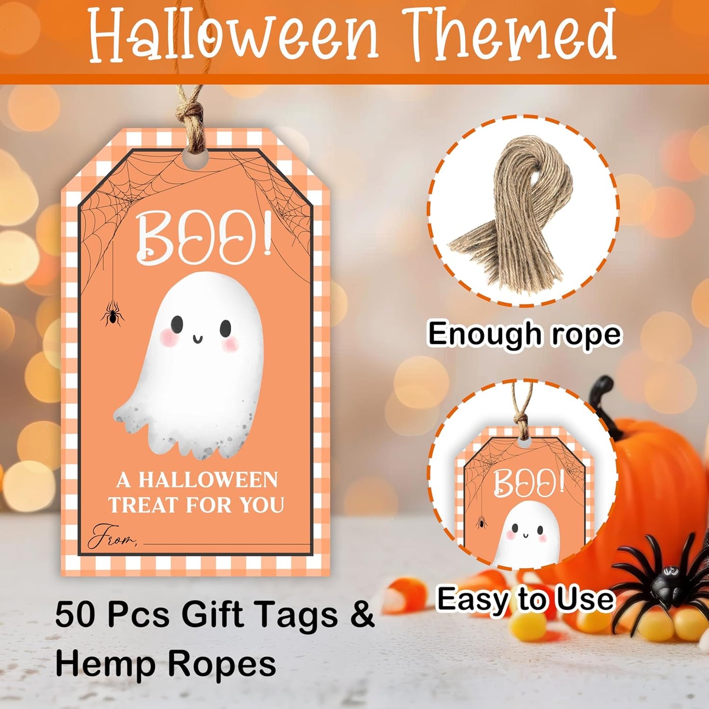 50 Pcs Halloween Tags with String, 2.1"×3.5" Boo Paper Gifts Tags, Ghost Trick or Treat for Candy, Halloween Gifts Tag Wrap for Party Favor - B08