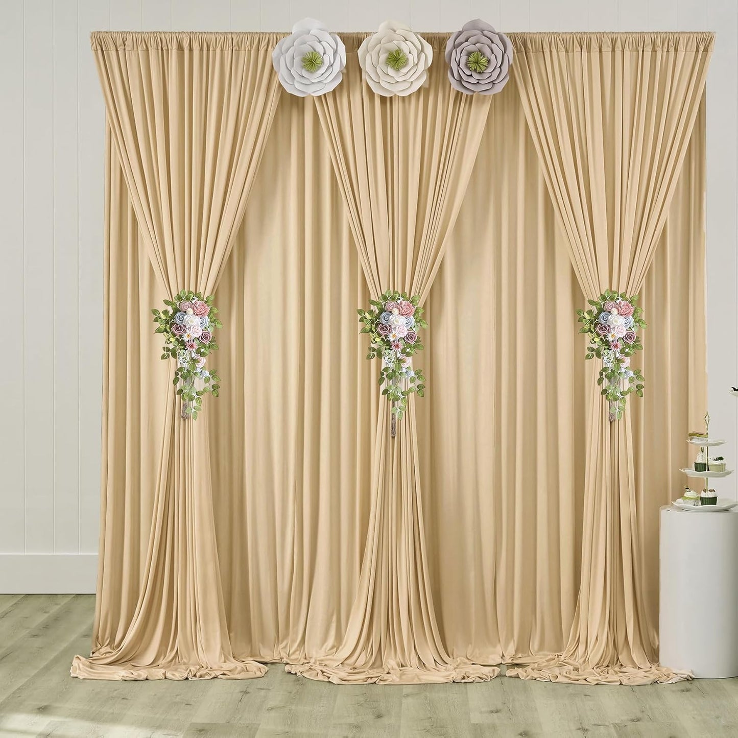 40ft x 10ft Wrinkle Free Beige Backdrop Curtain for Wedding Parties, Thick Polyester Photo Backdrop Drapes for Baby Shower Engagement Birthday Party Backdrop Stand,5ft x 10ft 8 Panels