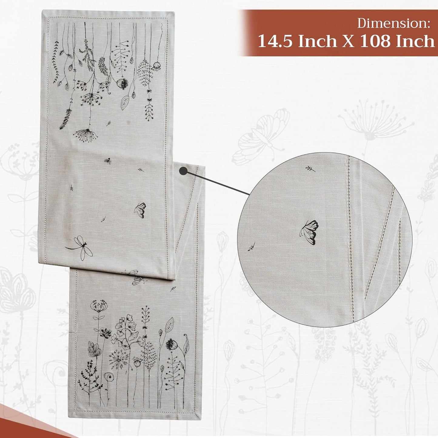 Maison d' Hermine Table Runner 100% Cotton Single Layer Table Runners 108 inches Long Decorative for Home Kitchen Dining Party Baby Shower Wedding Bridal Shower Spring Summer (Flore, 14.50" x 108")