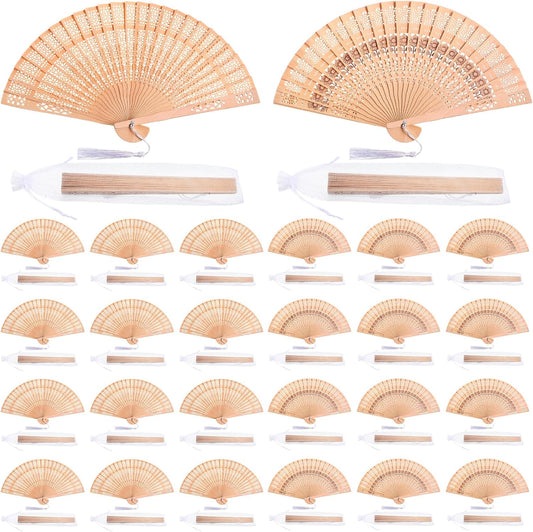 Qunclay 60Pcs Wooden Hand Fans Folding Wedding Fans for Guest Chinese Hollow Pattern with White Tassel and Gift Bag for Wedding Bridal Shower Birthday Party Favors Gift and Home Decor(Mixed Style)