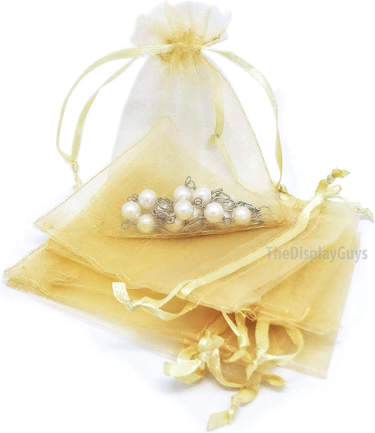 TheDisplayGuys 48-Pack 2" x 2-3/4" Gold Sheer Organza Gift Bags with Drawstring, Jewelry Candy Treat Wedding Party Favors Mesh Pouch