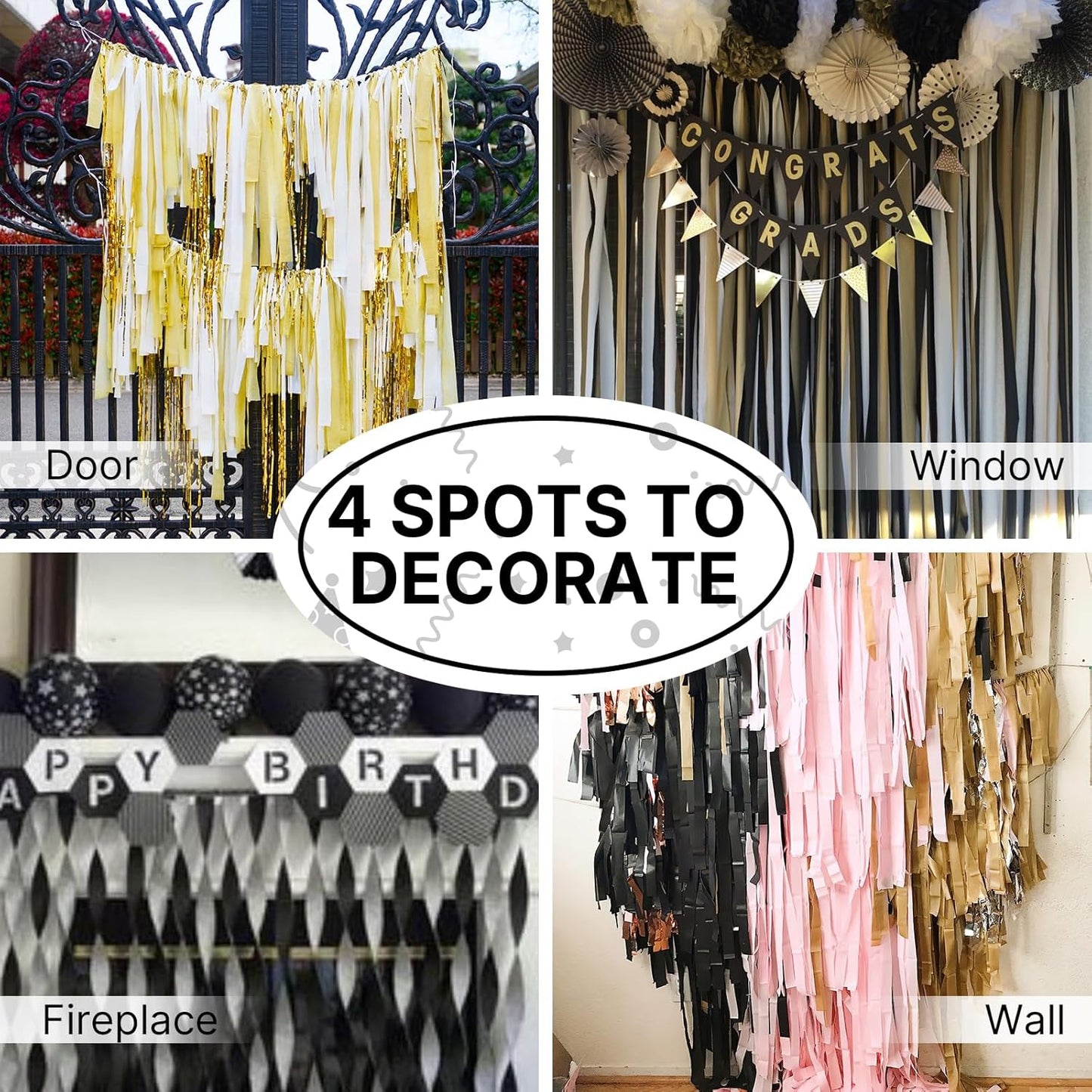 PartyWoo Black Gold Silver Crepe Paper Streamers 4 Rolls 328 ft Pack of Black Metallic Silver Gold Crepe Paper for Graduation New Year Birthday Party Decorations (1.8 Inch x 82 Ft/Roll)