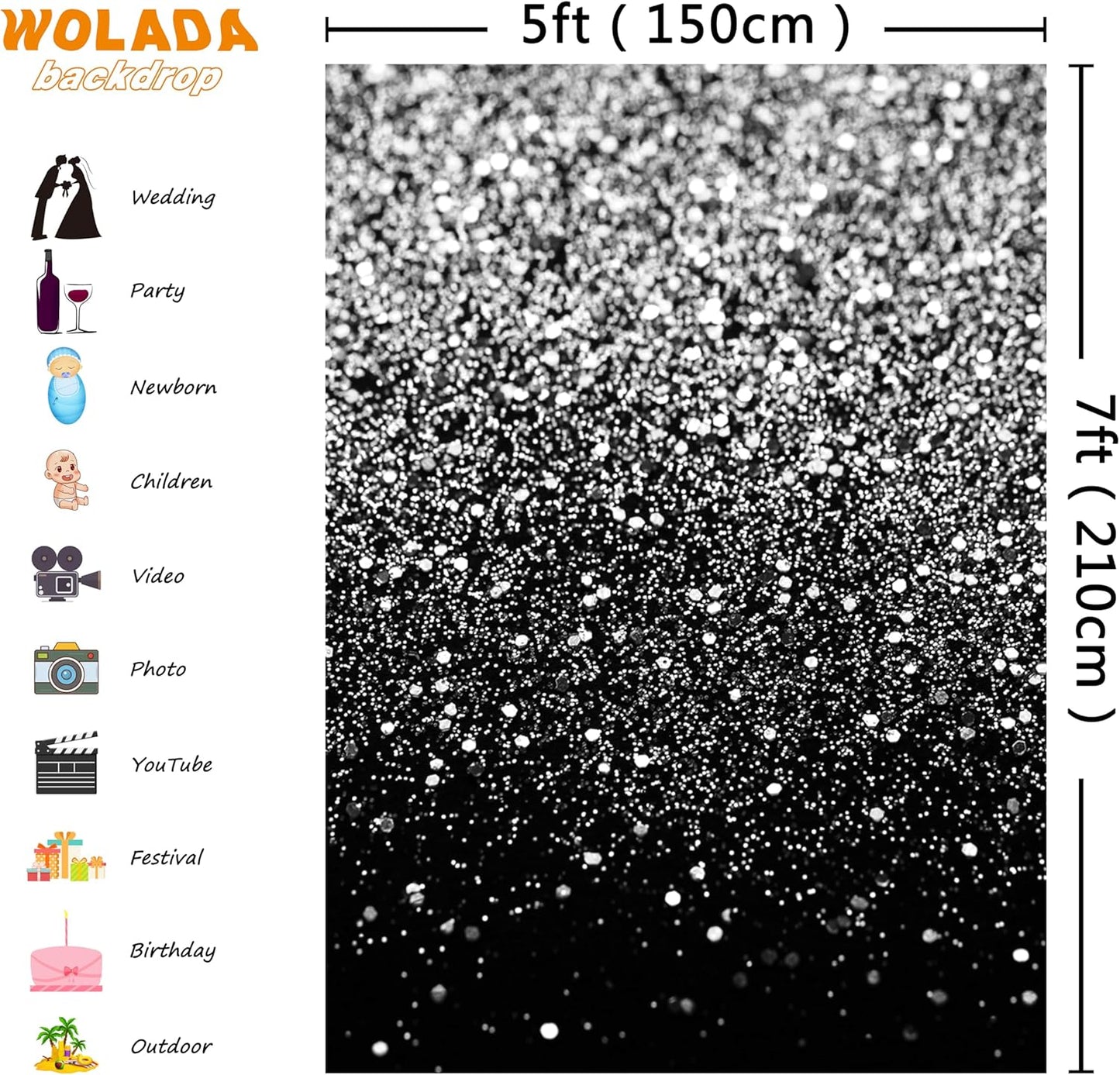 WOLADA Black and Silver Backdrop Silver Glitter Backdrop for Photography Wedding Birthday Baby Shower Party Photo Studio 5x7FT FW18