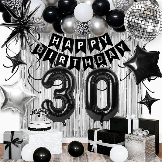 30th Birthday Decorations for Men Women, Black Silver Happy Birthday Party Decorations， 30 Year Old Party Supplies with Number 30 Balloons, Banner, Fringe Curtains Kit
