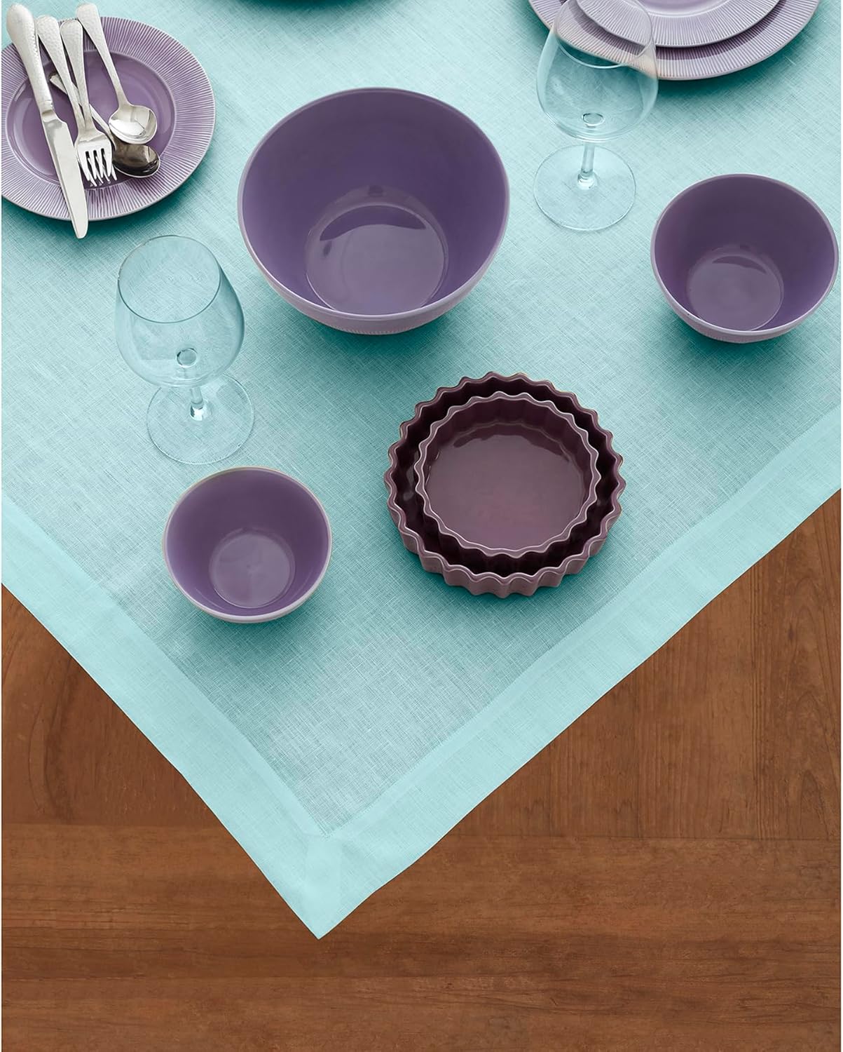 Solino Home Aqua Blue Linen Tablecloth 52 x 52 Inch - 100% Pure Linen Square Table Throw - Fete, Machine Washable Fabric Table Cloth for Fall, Autumn