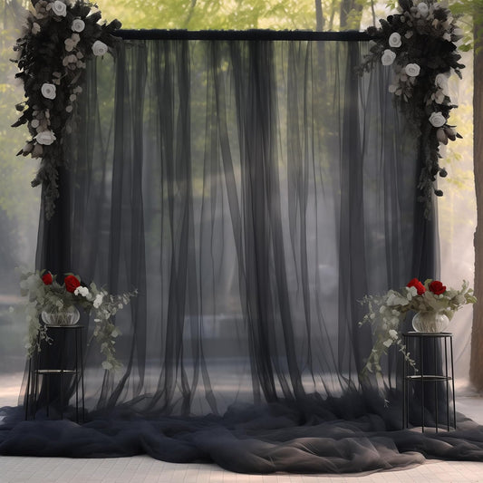 10x10ft Sheer Black Backdrop Curtains for Parties, Tulle Wedding Arch Draping Fabric Photo Background for Birthday Party Halloween Decorations