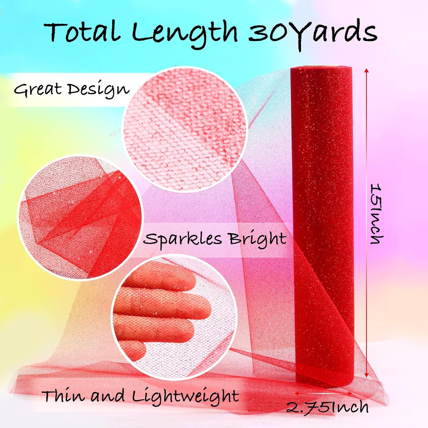 Sparkling Tulle Rolls, 15” by 30 Yards (90FT) Glitter Tulle Spool Ribbon Fabric for Wedding Birthday Bridal Shower Tutu Skirt Party Gift Wrapping (Red)