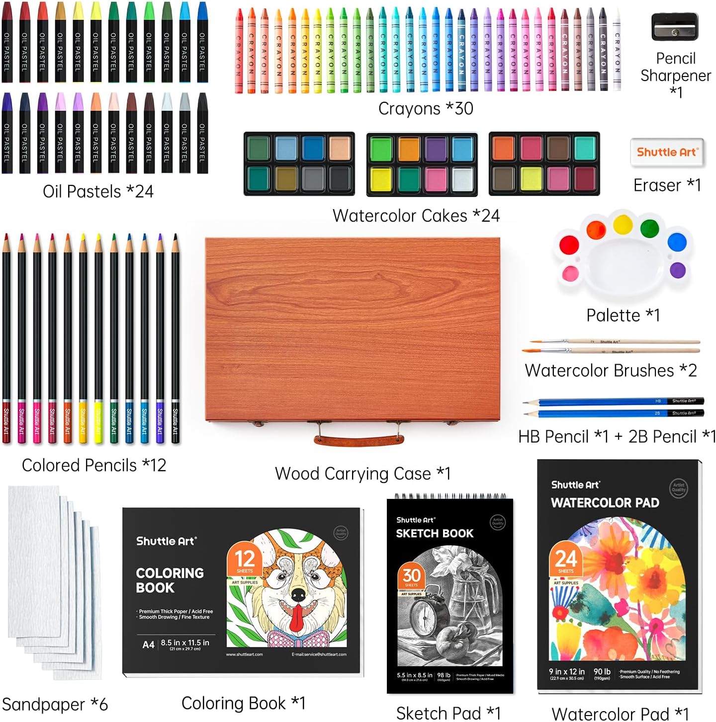Shuttle Art 106 Piece Deluxe Art Set, Art Supplies in Wooden Case, Painting Drawing Art Kit with Crayons Colored Pencils Oil Pastels Watercolor Cakes Coloring Book Sketch Pad for Kids Adults