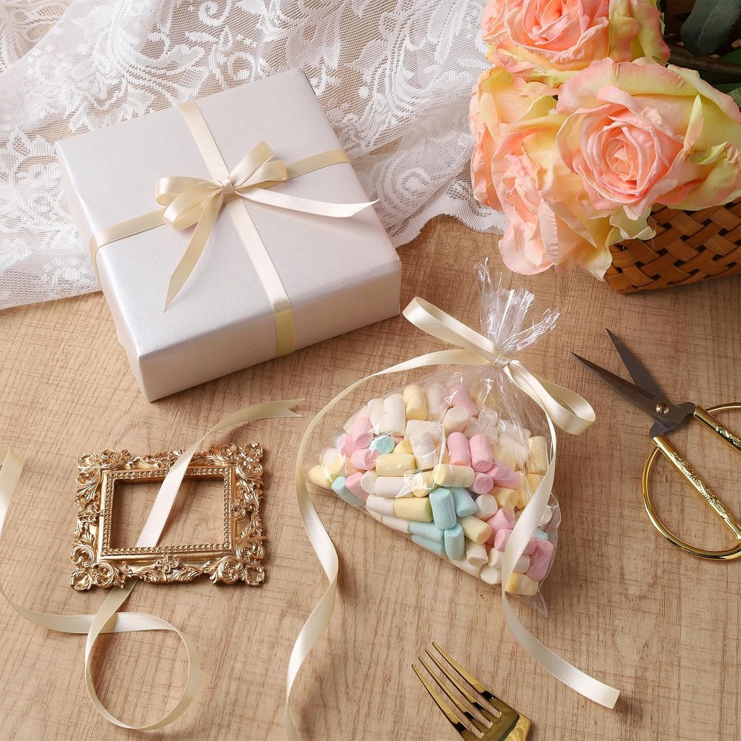 LaRibbons Nude Satin Ribbon 3/8 Inch 25 Yards Luxury Double Faced Silk Ribbon for Flower Bouquet Crafts Gift Wrapping Wedding Party Decoration