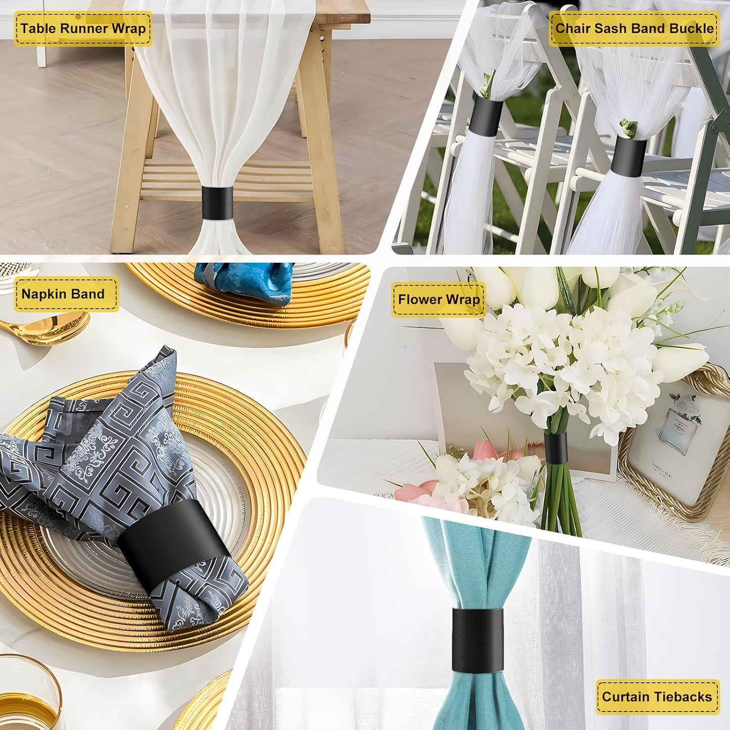 Polymer Material Reusable Napkin Band, Glue-Free Tear-Proof Water Resistant Oil-Proof Napkin Bands Set of 50(Front Black Color and Back White), 6 Adjustable Sizes Napkin Rings