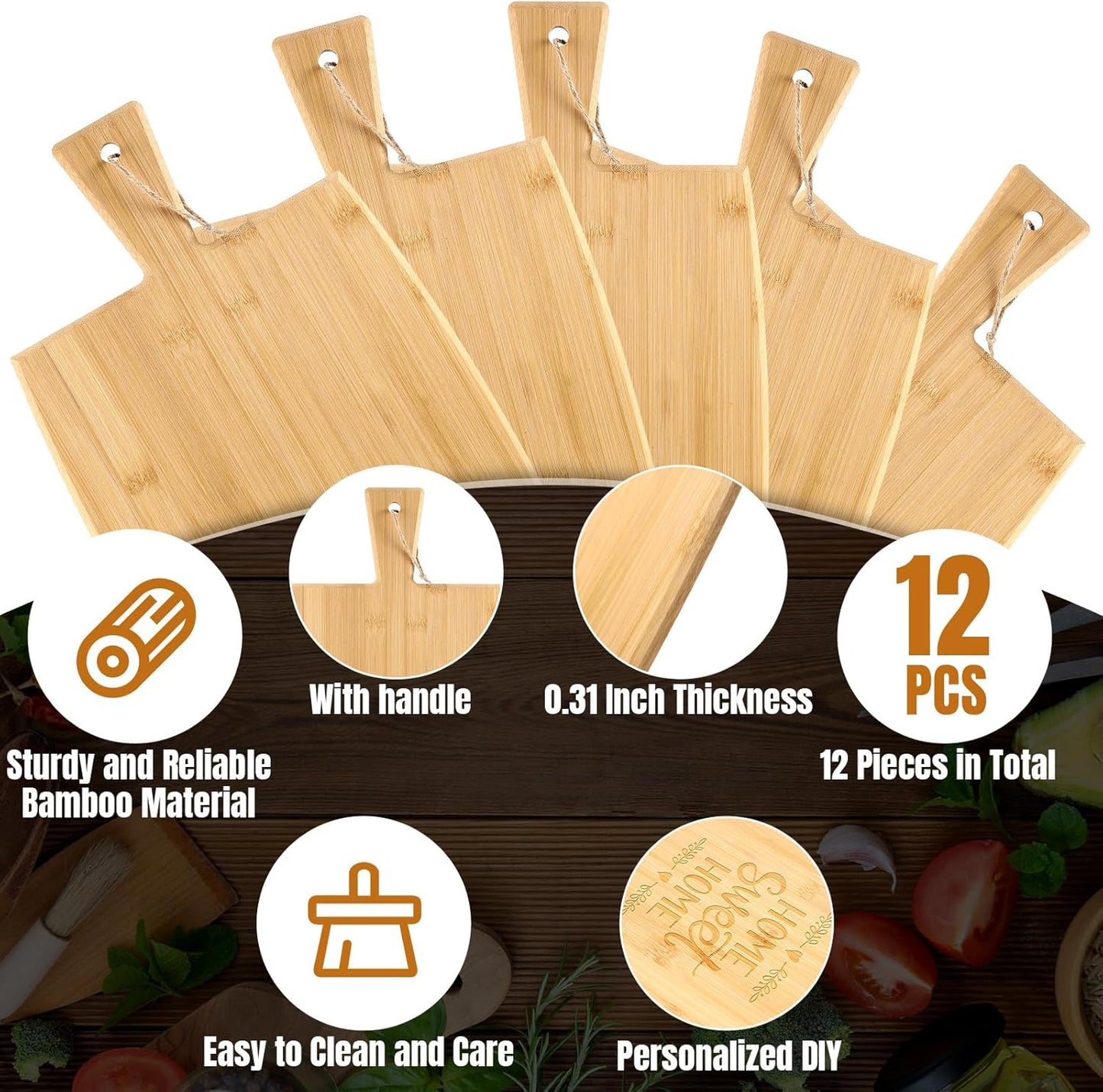 Patelai 12 Packs Wooden Cutting Board Set with Handles Large Kitchen Serving Plain Chopping Board Bulk Gifts for Mom for Vegetables Meat Pizza Cheese Fruit Bread(Bamboo,17 x 10 Inch)
