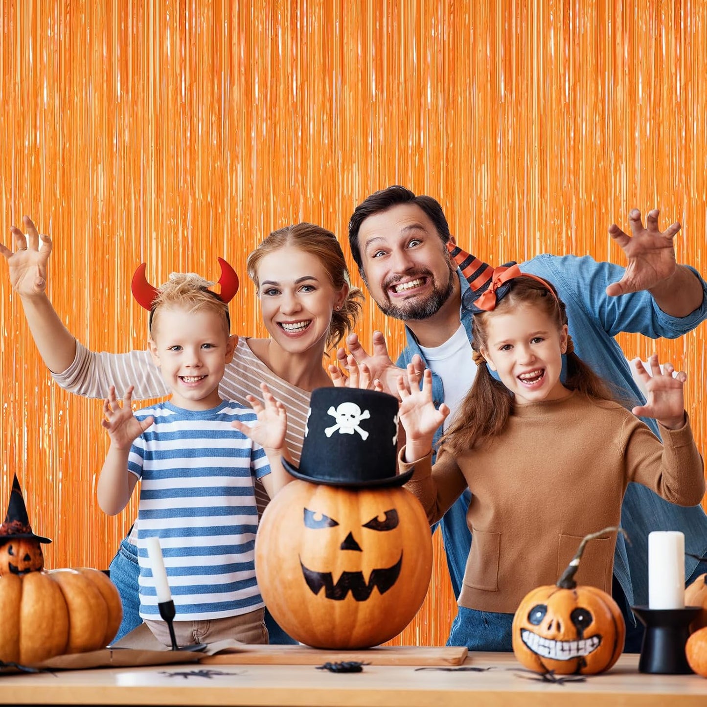 2Pack Orange Backdrop Curtains, Orange Tinsel Backdrop, Metallic Party Streamer Fringe Curtains, Foil Curtains Birthday Party, Curtain Backdrop for Baby Shower Bachelorette Xmas Party Halloween Decors