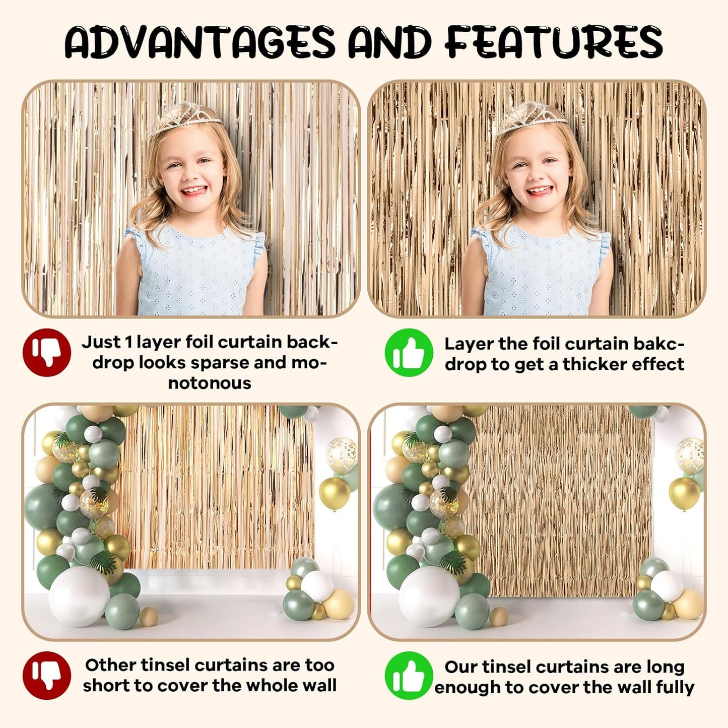 2 Pack Champagne Foil Fringe Backdrop Curtains, Tinsel Streamers Birthday Party Decorations, Fringe Backdrop for Graduation, Baby Shower, Gender Reveal, Disco Party