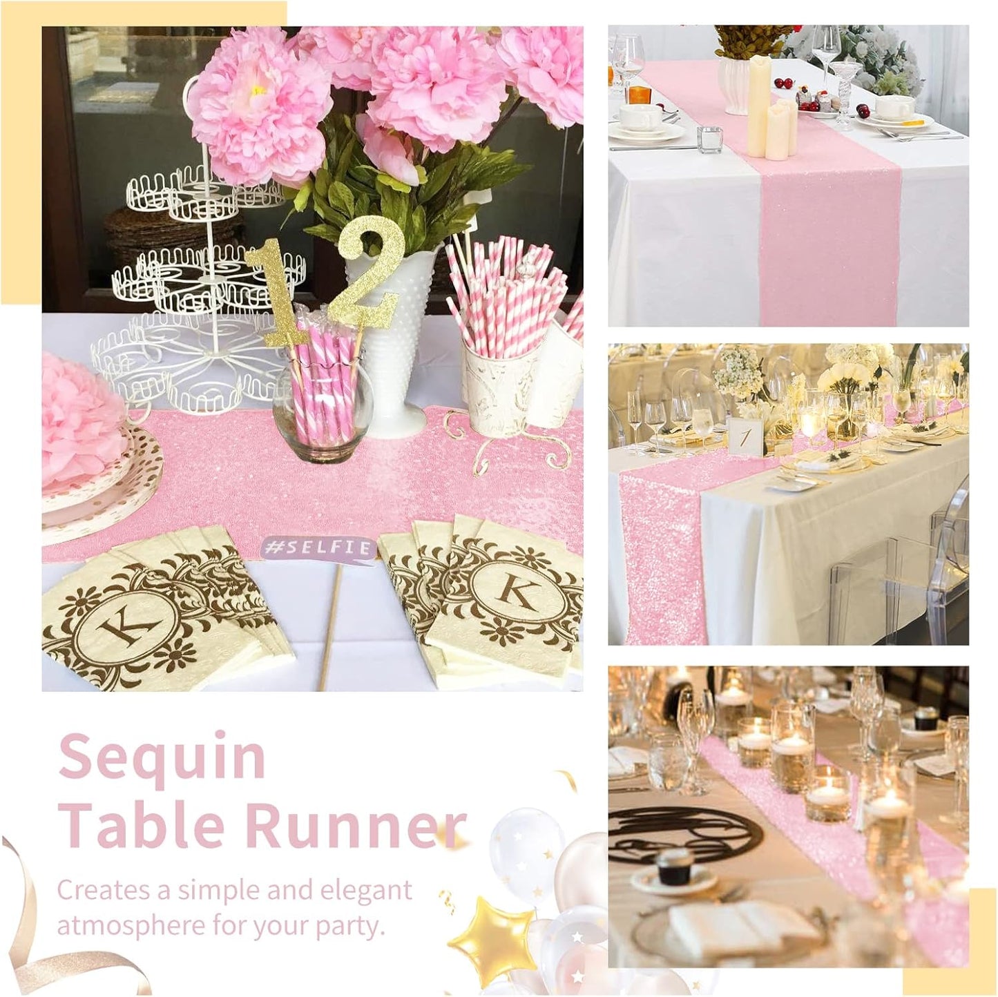 Pink Table Runners 10 Packs 12x108 Inches Glitter Table Runner Wedding Sequin Fabric for Birthday Bridal Baby Shower Engagement Party Decorations