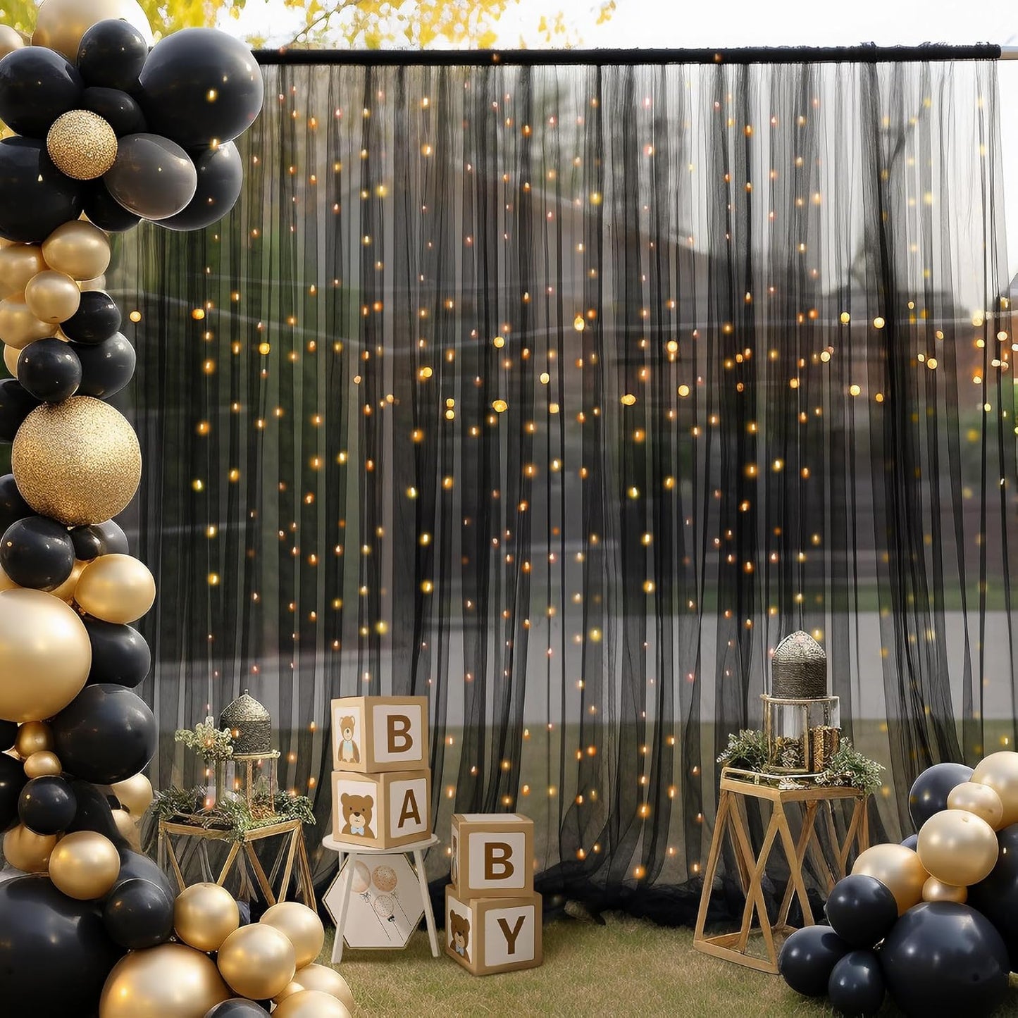 20×10ft Black Tulle Backdrop Curtain with Lights String for Parties, Sheer Photo Backdrop Curtains for Wedding Party Photography Background