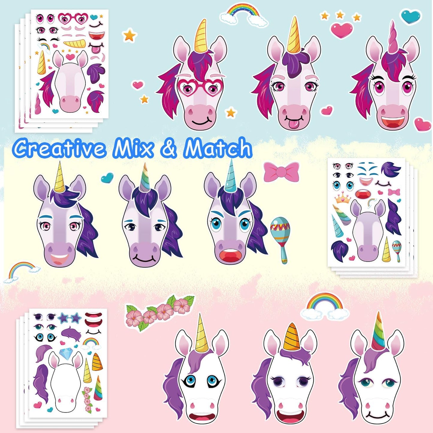 Aowplc 42 Sheets Unicorn Make‑a‑Face Stickers, Fantasy Party Favors, Crafts & Activities, Birthday Supplies for Kids & Girls