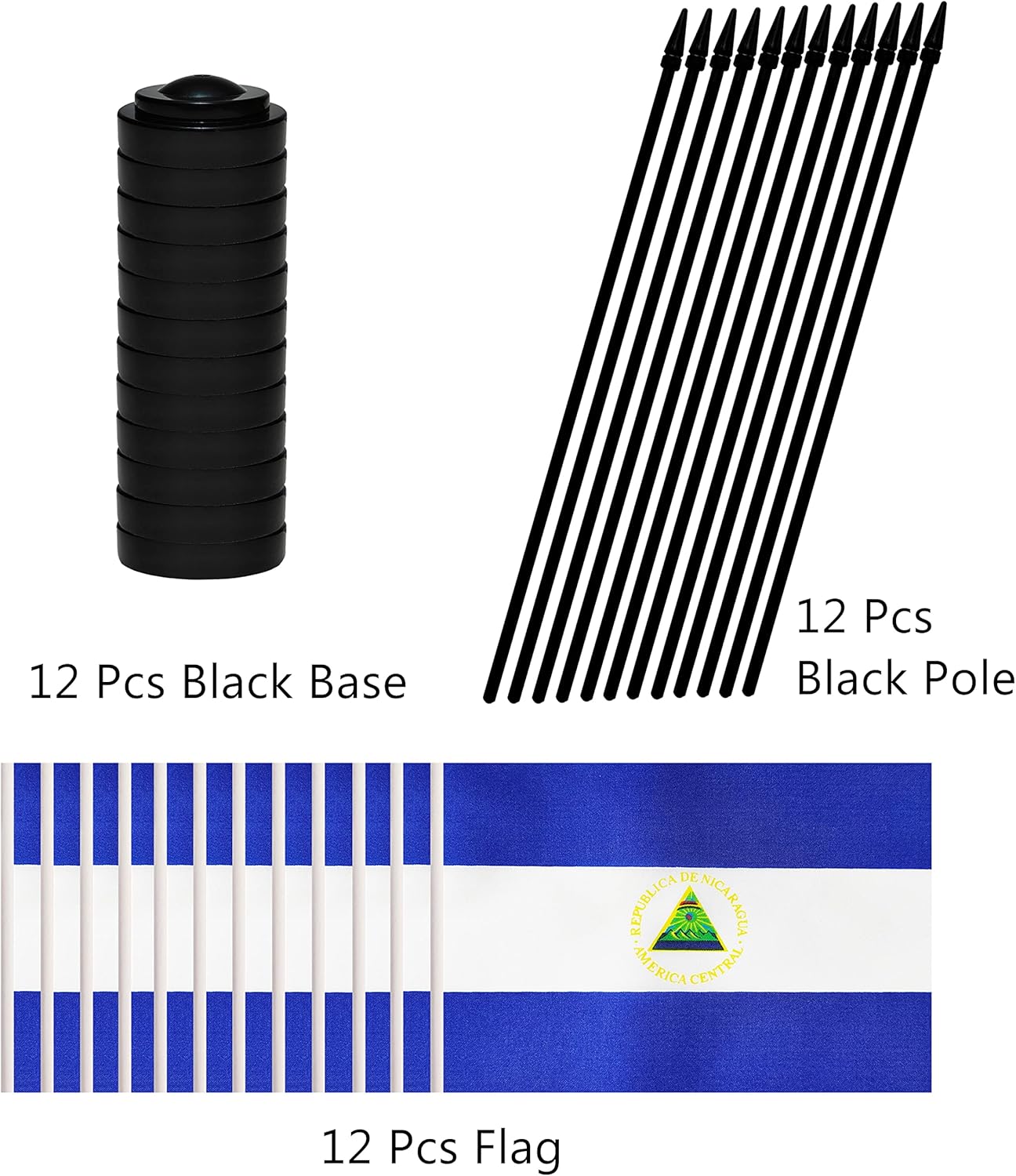 12 Pack Nicaragua Desk Flags Set, Nicaraguan Small Mini Table Office Flags with 12" Solid Black Pole, 8.2 x 5.5 Inches, Home and Office Decoration, Festival Celebrations