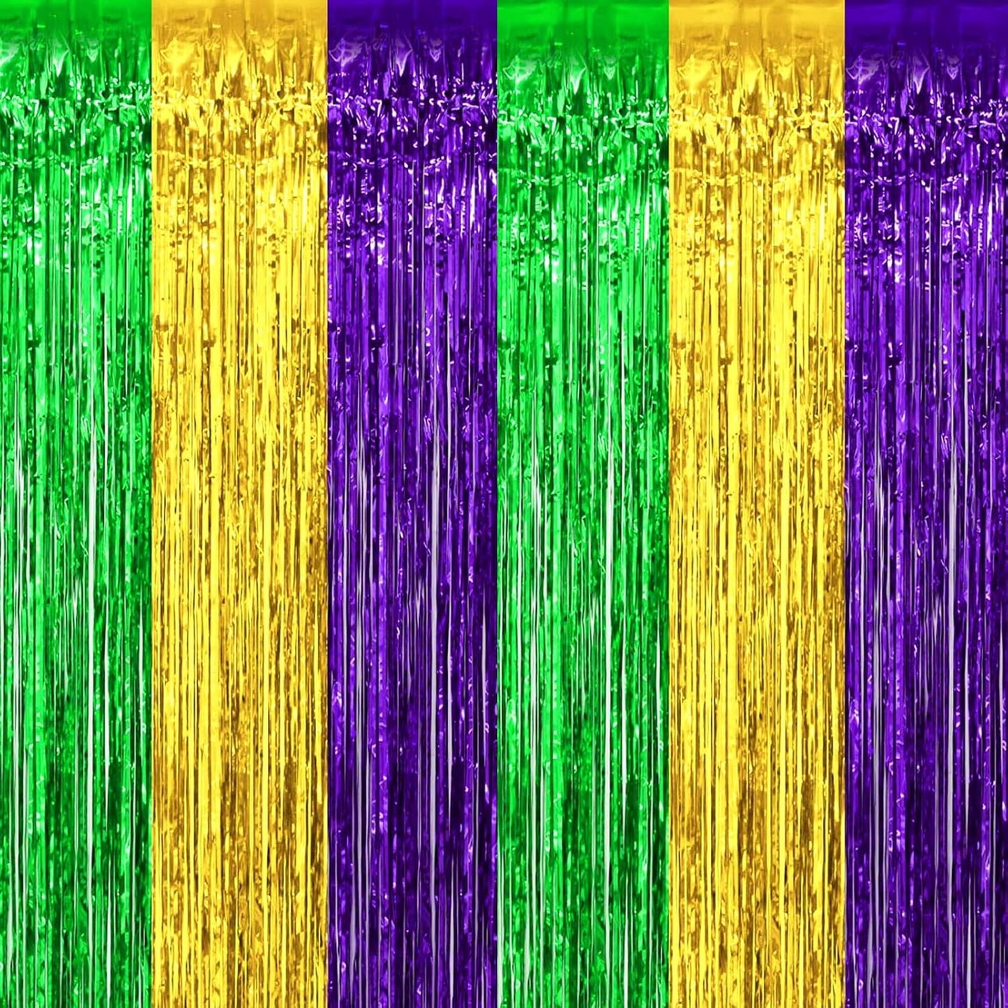 4 Pack Mardi Gras Foil Fringe Curtain Backdrop, 3.28Ft x 8.2Ft Gold Green Purple Metallic Tinsel Foil Fringe Streamers Curtains for Photo Booth, Wedding, Birthday, Carnival Party Decoration