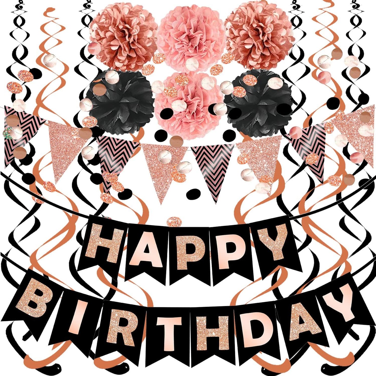 FECEDY Rose Gold Theme Happy Birthday Banner Flag Bunting Paper Circle Confetti Garland Swirl Streamers Honeycomb Ball for Birthday Party Decoration