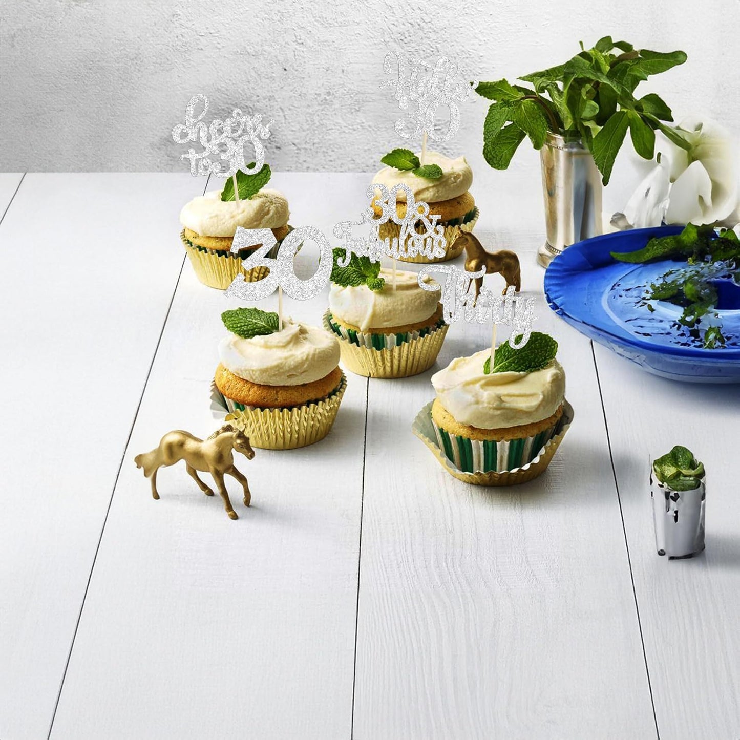 30Pcs Happy 30th Birthday Cupcake Toppers Silver Glitter Thirty Cheers to 30 Birthday Cupcake Picks for Happy 30th Birthday Anniversary Party Cake Decorations Supplies