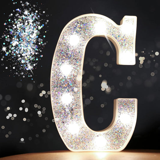Pooqla Light Up Letters, LED Marquee Letters for Silver Birthday Decorations, Battery Powered Night Light Teenager Girl Room Decor, Gift for Girls Boys Wedding Bedroom Christmas Party Decor, Letter C
