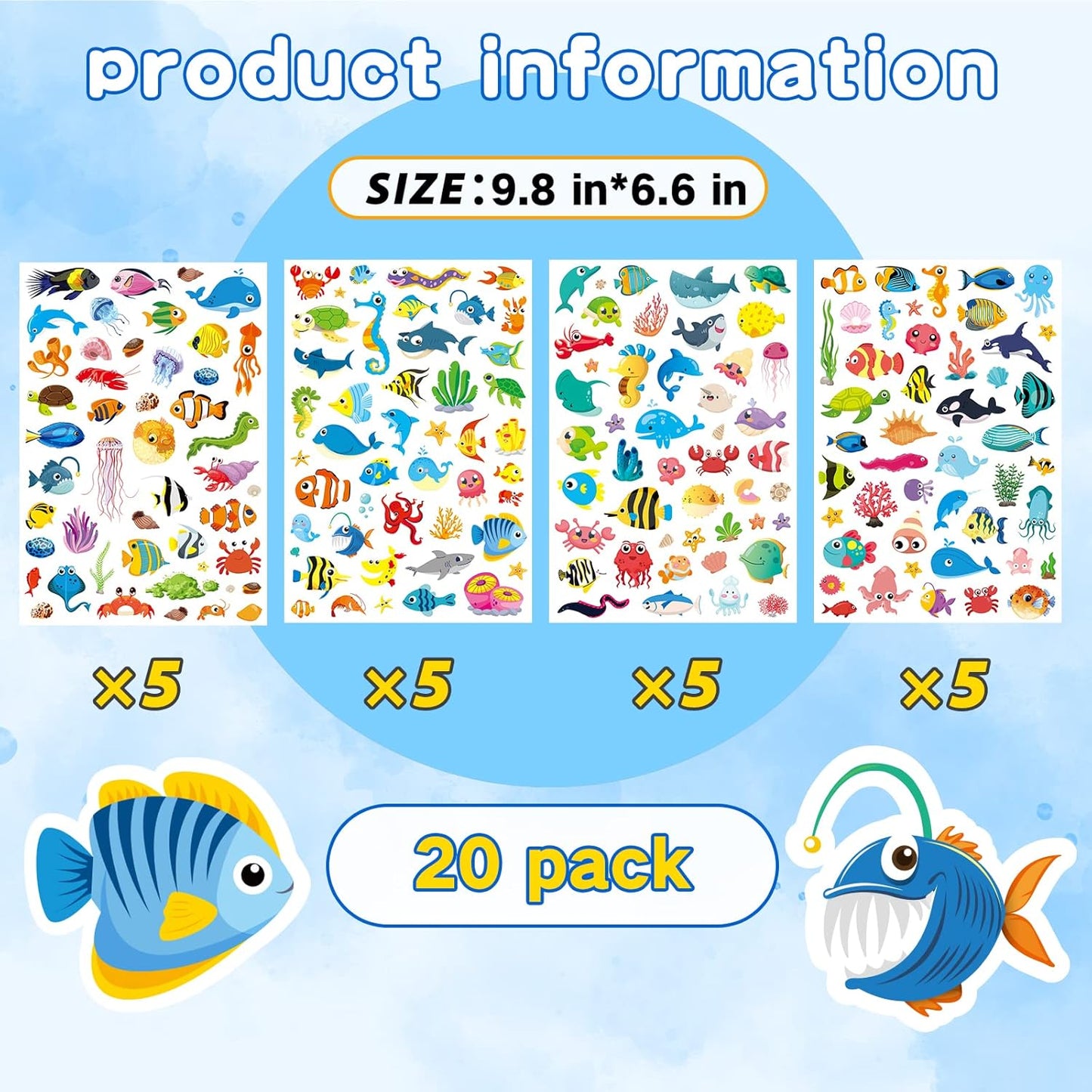 Cute Ocean Sea Animal Adhesive Stickers Tropical Fish Shark Stickers 890 Count for Boys Girls Birthday Invitations Envelopes Mermaid Under The sea Party Goodie Gifts Bags Decor Class Rewards