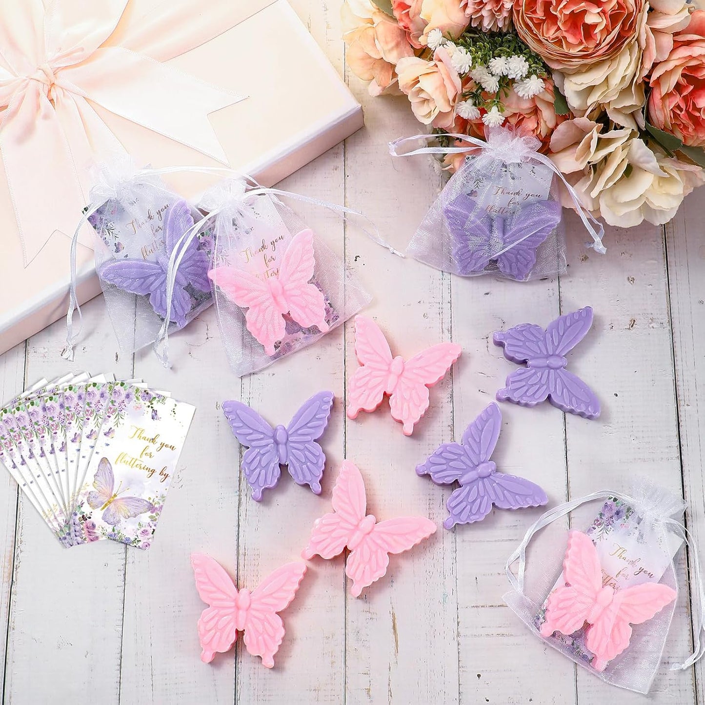 Dunzy 30 Sets Butterfly Theme Baby Shower Favors for Guests Butterfly Soap Favors with Thanks You Cards Gift Bags Gender Reveal Baptism Party Decorations Wedding Bridal Souvenirs (Purple,Pink)
