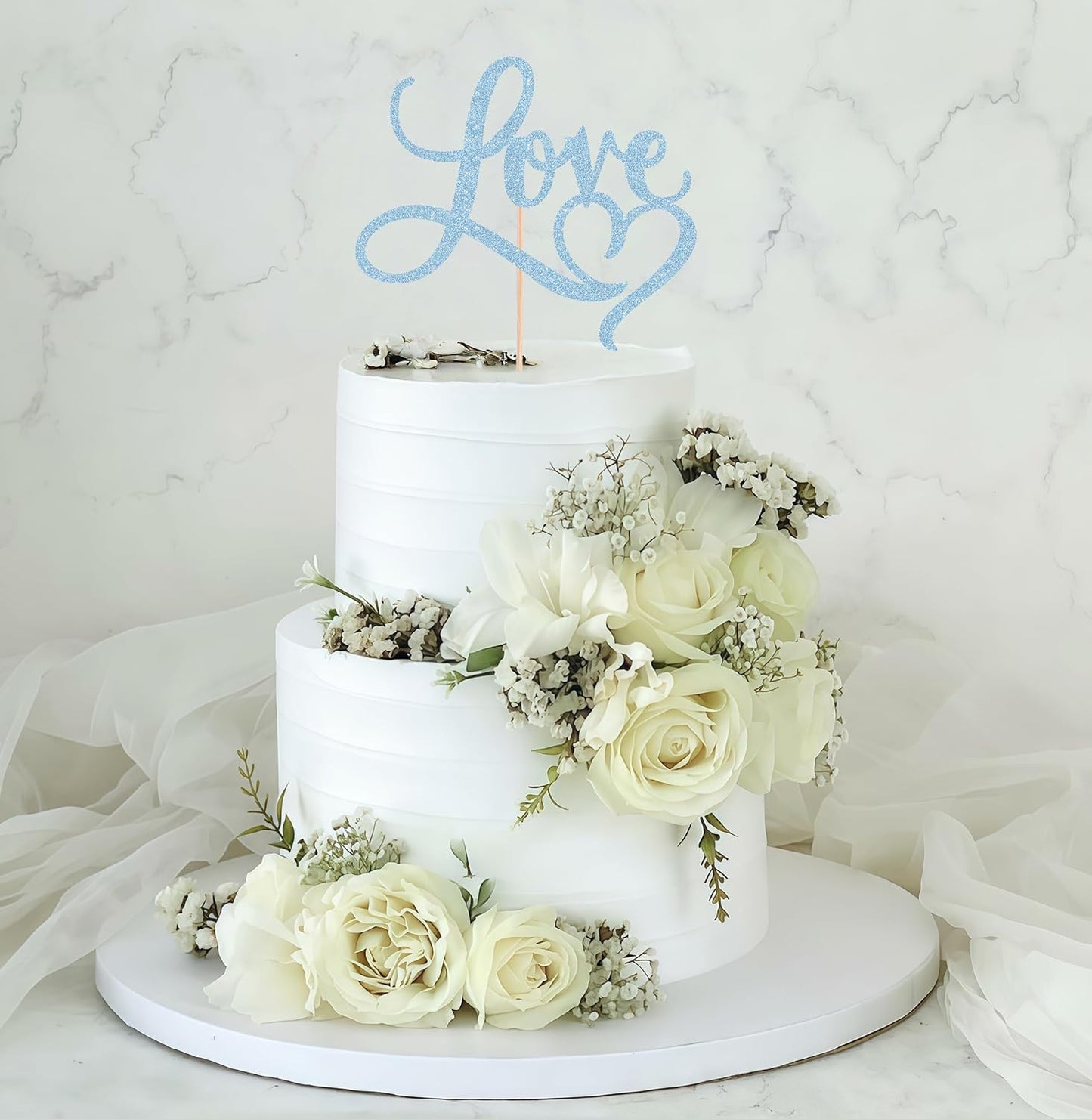 Love Cake Topper - Light Blue Glitter Paper Wedding Cake Decoration Supplies, Perfect for Bridal Shower/Engagement/Anniversary/Birthday Party