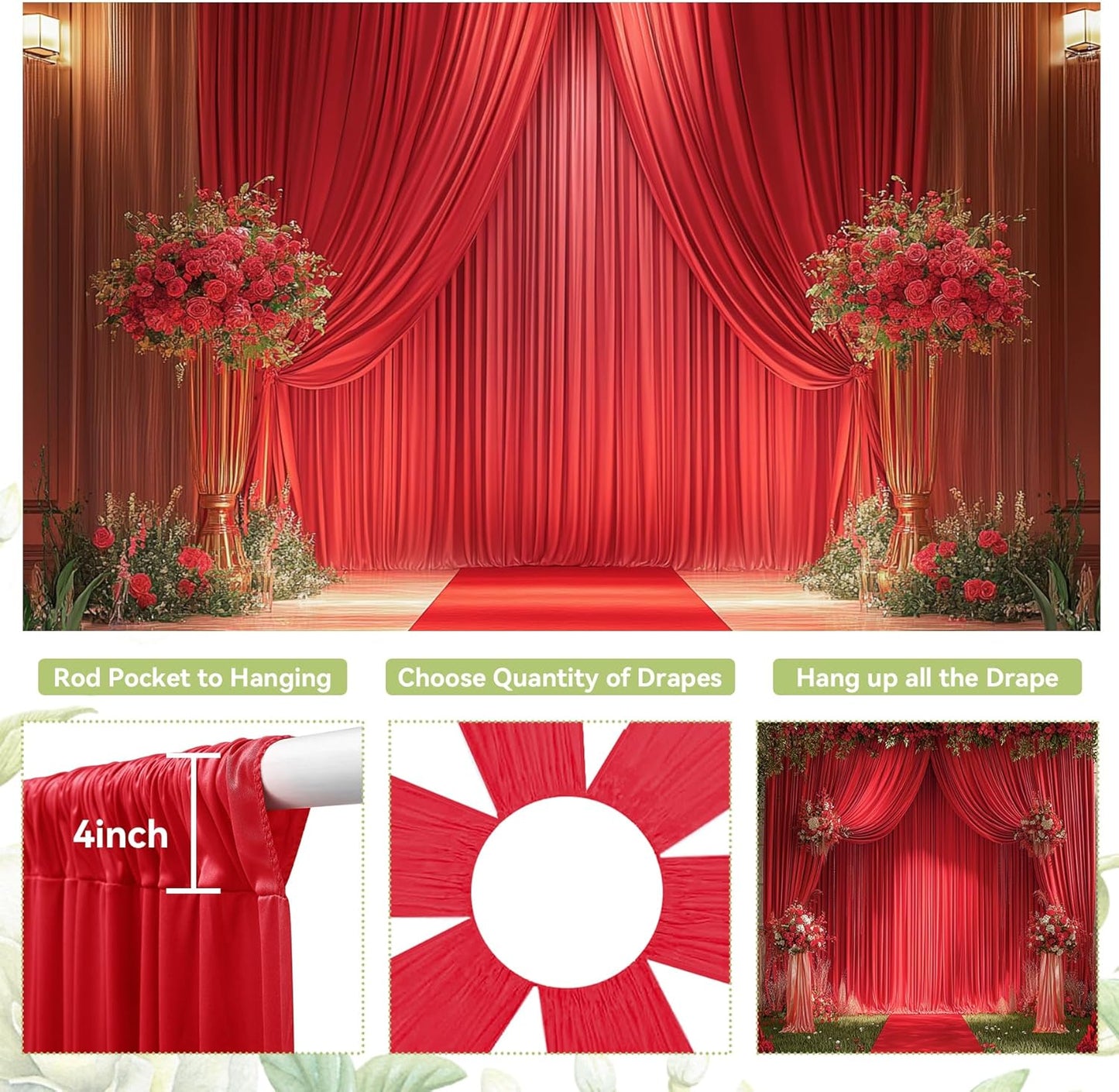 PartyVillage 20ft×15ft Red Backdrop Curtain for Wedding Parties, 4 Panels Wrinkle Free 15 FT Long Polyester Photo Backdrop Drapes Back Drop Cloth for Birthday Photography Background