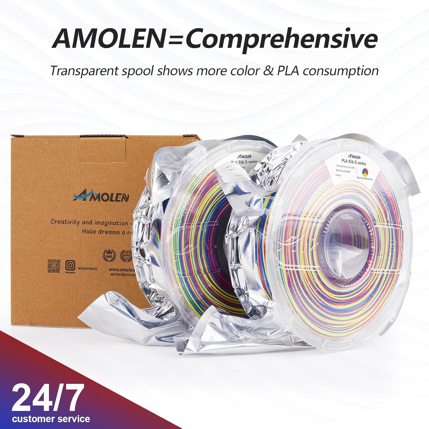 AMOLEN Silk PLA 3D Printer Filament Bundle, PLA Filament 1.75mm Shiny Multicolor Rainbow Pack, Fast Color Change 3D Printing Filament, Blue Red Yellow Green, 1KG X 2 Spools