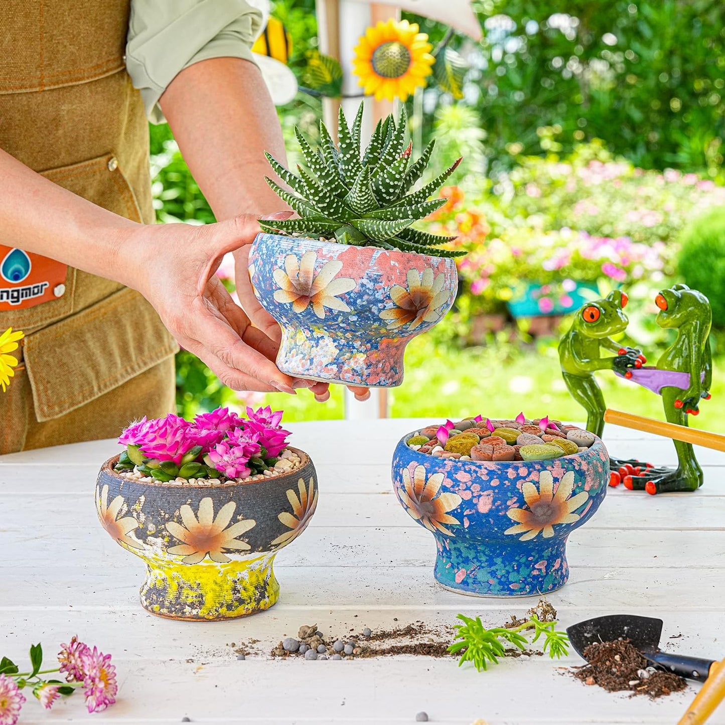 Sungmor Small Succulent Planters Set of 3, Beautiful Hand Crafted Ceramic Plant Pots Cute Cactus Pot, 4.9 Inch Flower Pots for Indoor Plants with Drainage, Desktop Windowsill Home Office Decor Pots