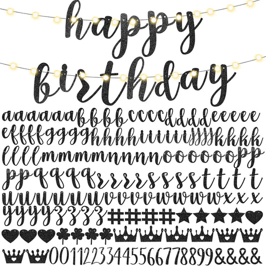 TaoBary 167 Pcs DIY Banner Kit Happy Birthday Glitter Banner Customizable Glitter Make Your Own Kit 162 Letters Symbols and Numbers 3 Rope for Birthday Halloween Wedding Christmas(Black)