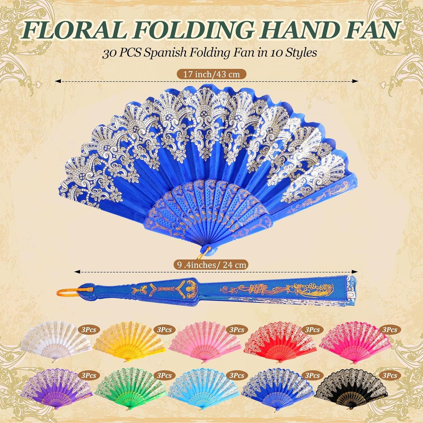 Geetery 30 Pcs Folding Hand Fan for Line Dancing Spanish Boots on The Ground Fans Gifts Bulk Colorful Silk Popping Rave for Women Tea Party Wedding Church Halloween Costume(Embroidery,Elegant Colors)